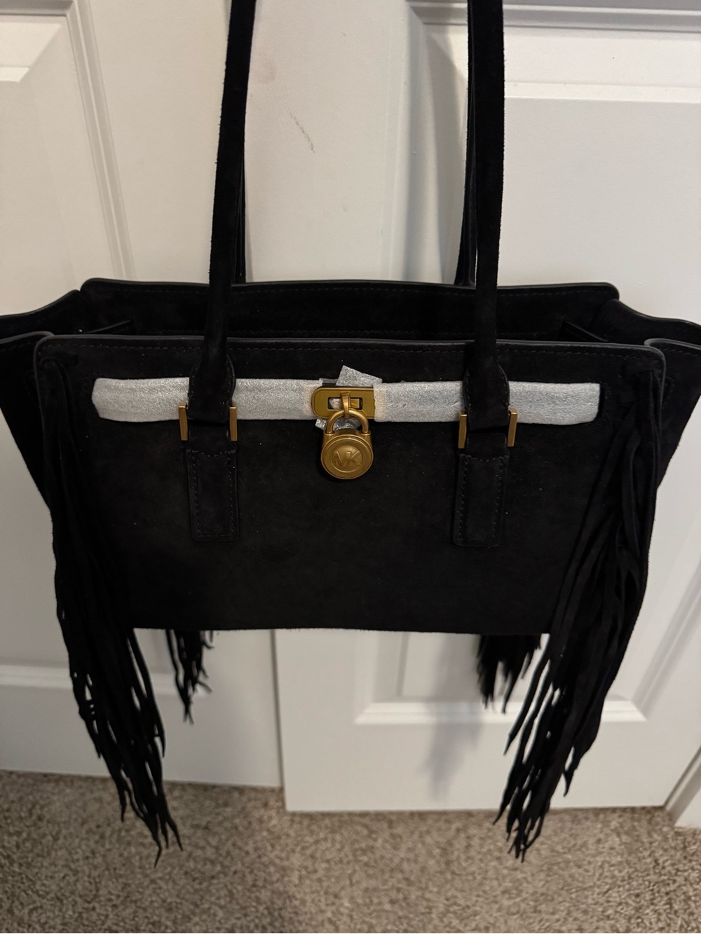 Michael Kors Black Suede Fringe Shoulder Bag with Gold Hardware